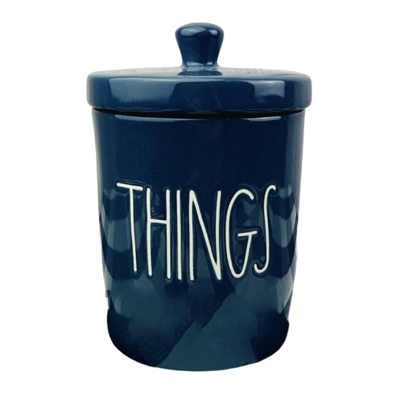 NWT RARE Rae Dunn Ceramic Navy Blue Things Canister HTF Bathroom Collection - Picture 1 of 4